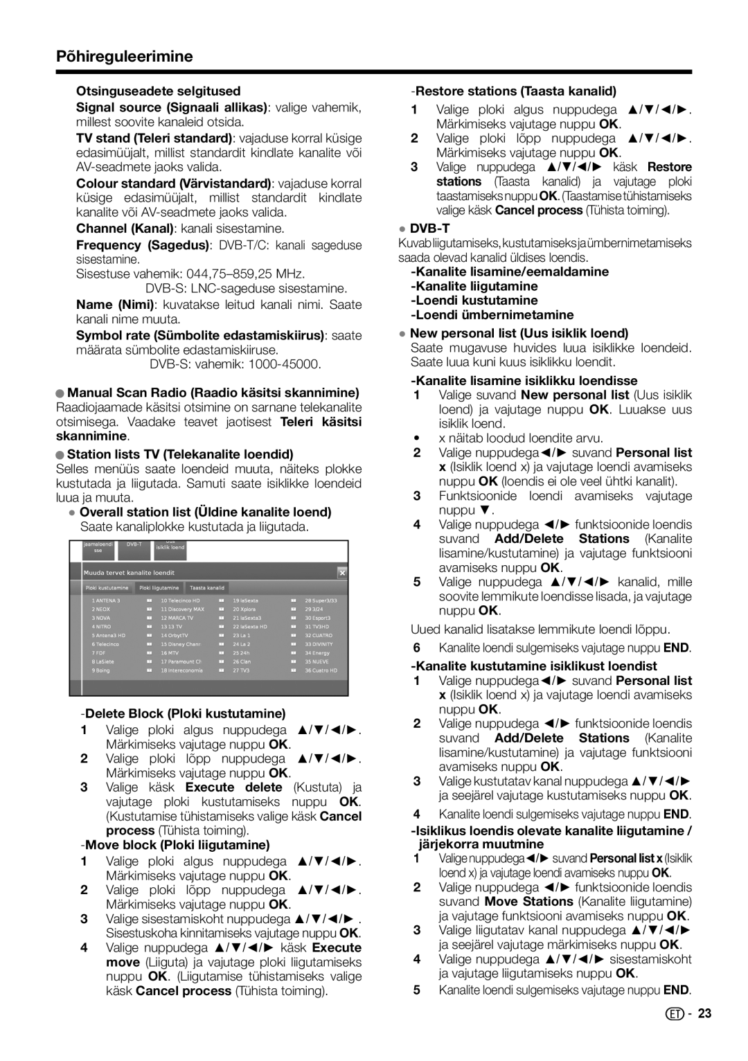 Sharp LC-60LE651E/K, LC-60LX652E Frequency Sagedus DVB-T/C kanali sageduse sisestamine, Delete Block Ploki kustutamine 