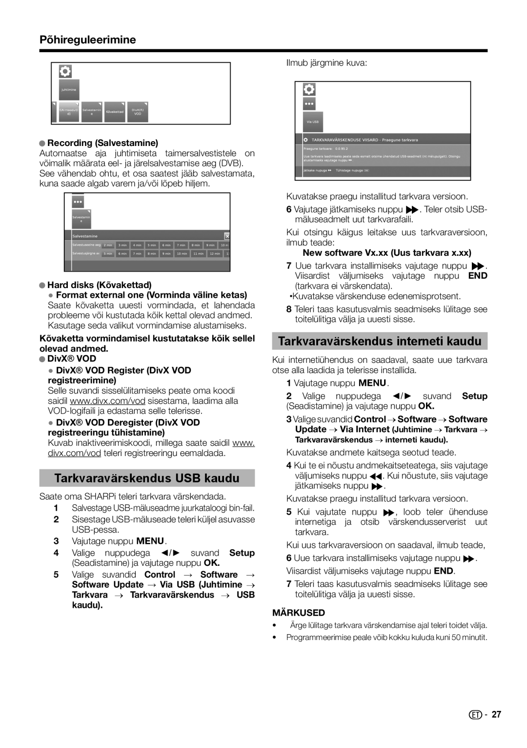 Sharp LC-50LK652E, LC-60LX652E Tarkvaravärskendus USB kaudu, Tarkvaravärskendus interneti kaudu, Recording Salvestamine 