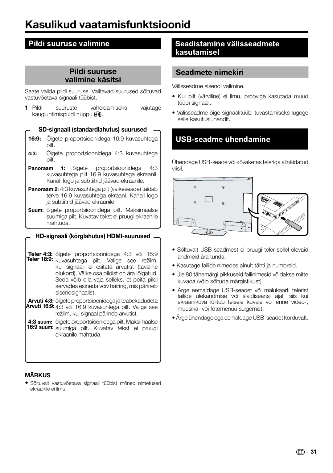 Sharp LC-50LE652E/V Kasulikud vaatamisfunktsioonid, Pildi suuruse valimine, Seadistamine välisseadmete kasutamisel 