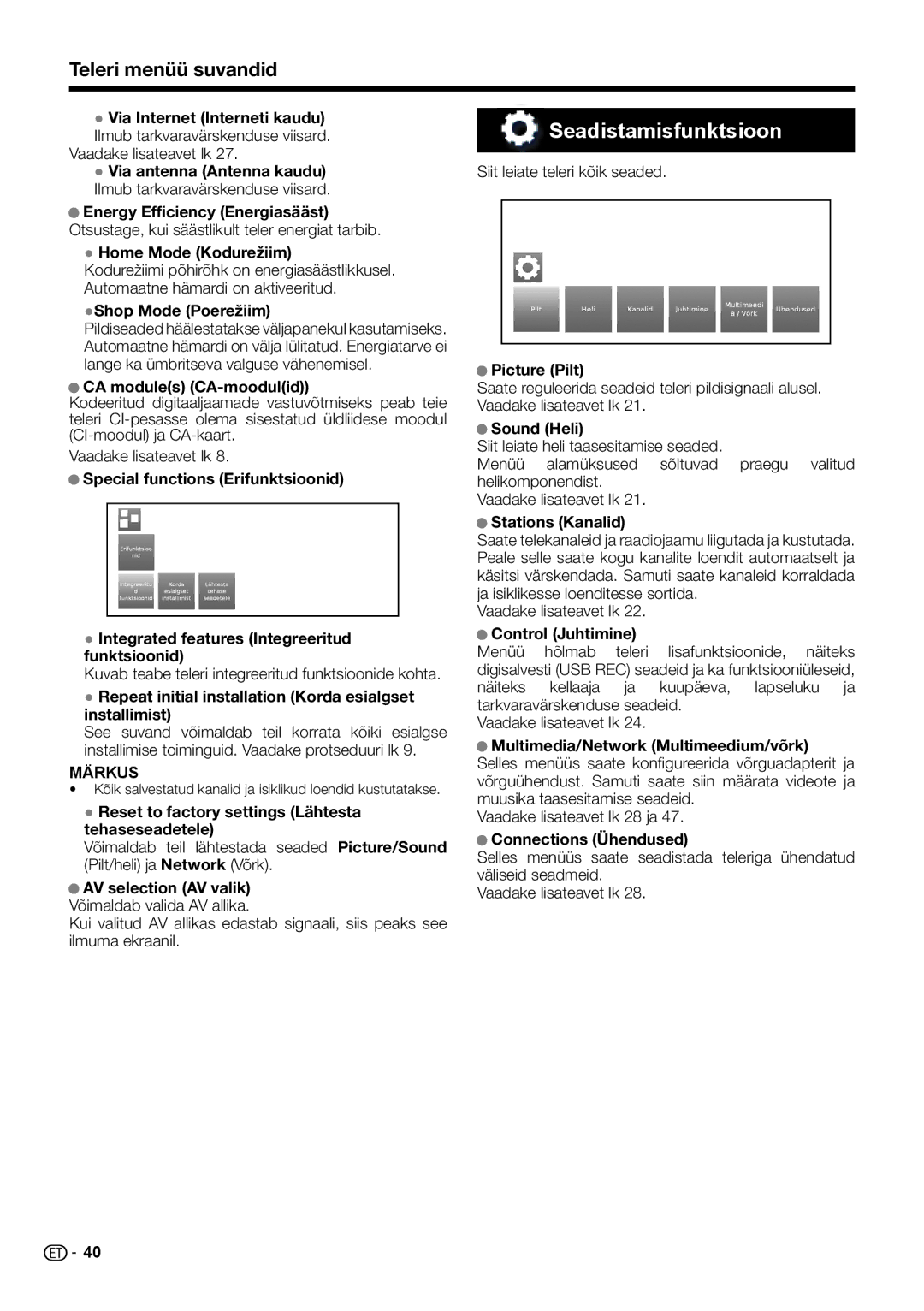 Sharp LC-39LU651E, LC-60LX652E, LC-60LE654E, LC-60LE651E/K, LC-60LU651E, LC-60LE652E, LC-50LX652E Seadistamisfunktsioon 