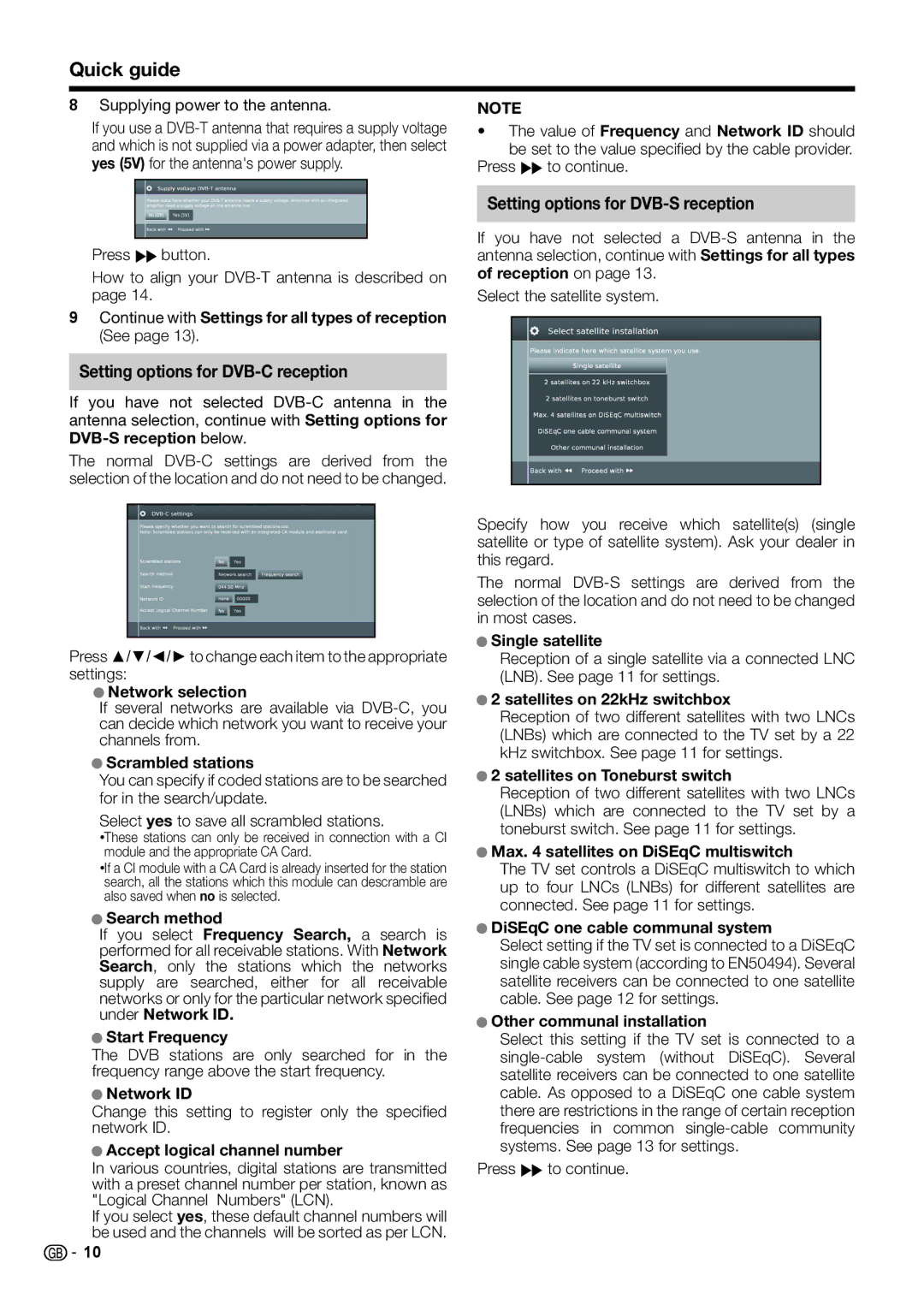 Sharp LC-50LE651E/K/V, LC-60LX652E, LC-60LE654E Setting options for DVB-C reception, Setting options for DVB-S reception 