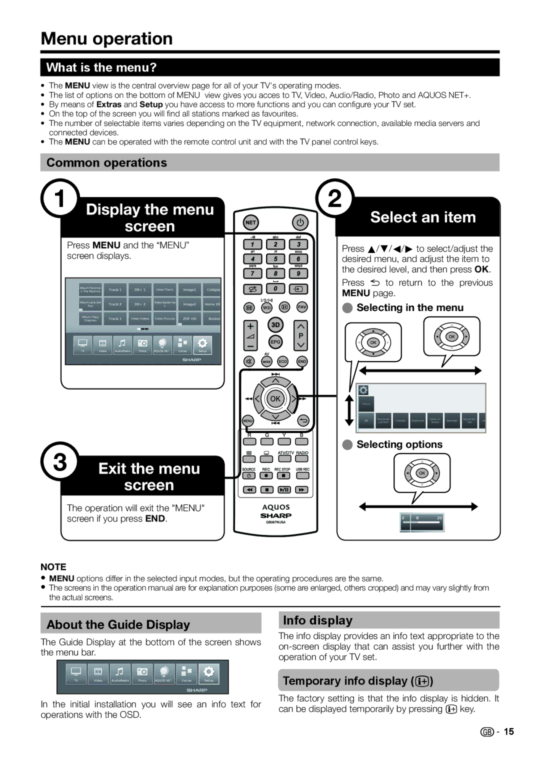 Sharp LC-39LE652E/V Menu operation, What is the menu?, Common operations, About the Guide Display, Info display 