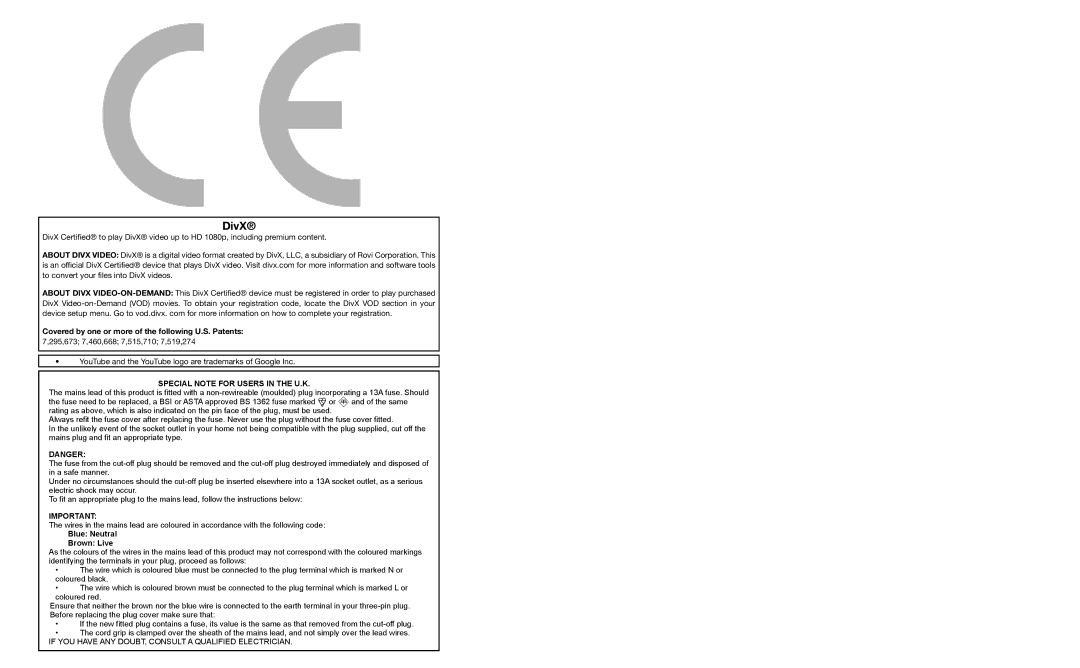 Sharp LC-60LE651E/K, LC-60LX652E DivX, Covered by one or more of the following U.S. Patents, Blue Neutral Brown Live 