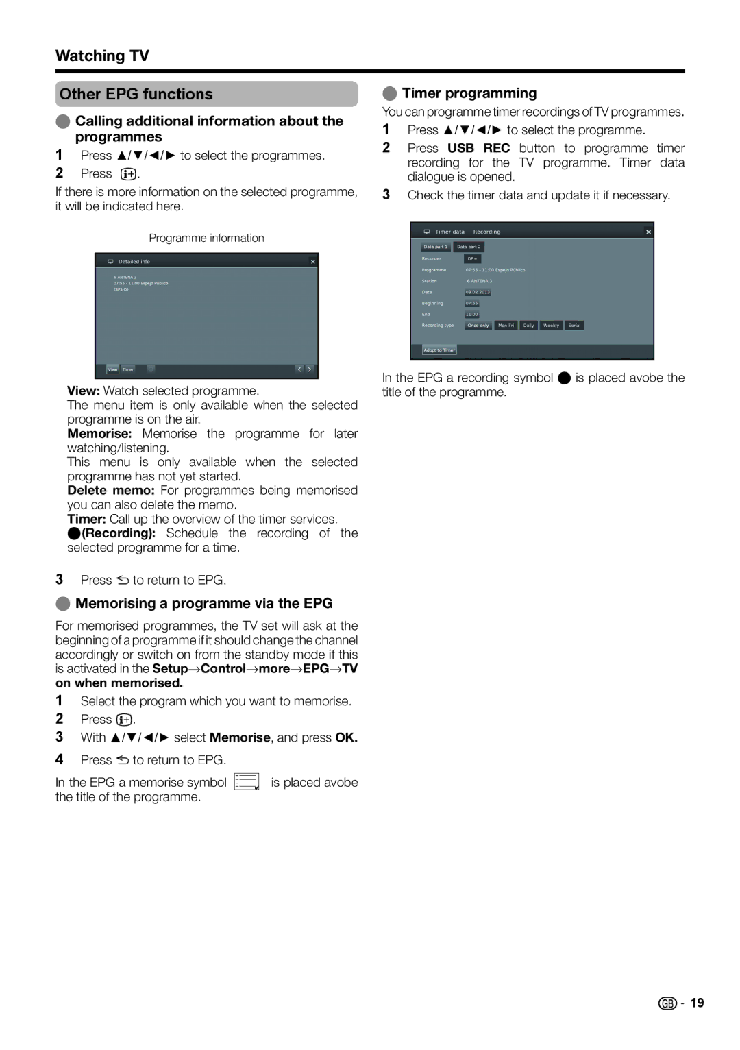 Sharp LC-60LM652E Watching TV Other EPG functions, Calling additional information about the programmes, Timer programming 