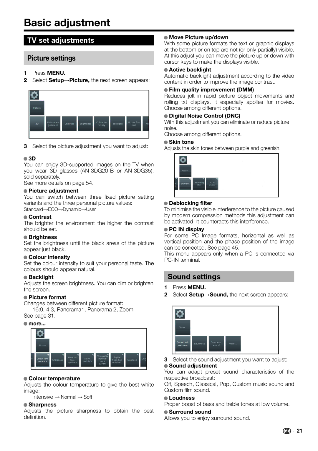 Sharp LC-60LX652E, LC-60LE654E, LC-60LE651E/K Basic adjustment, TV set adjustments, Picture settings, Sound settings 