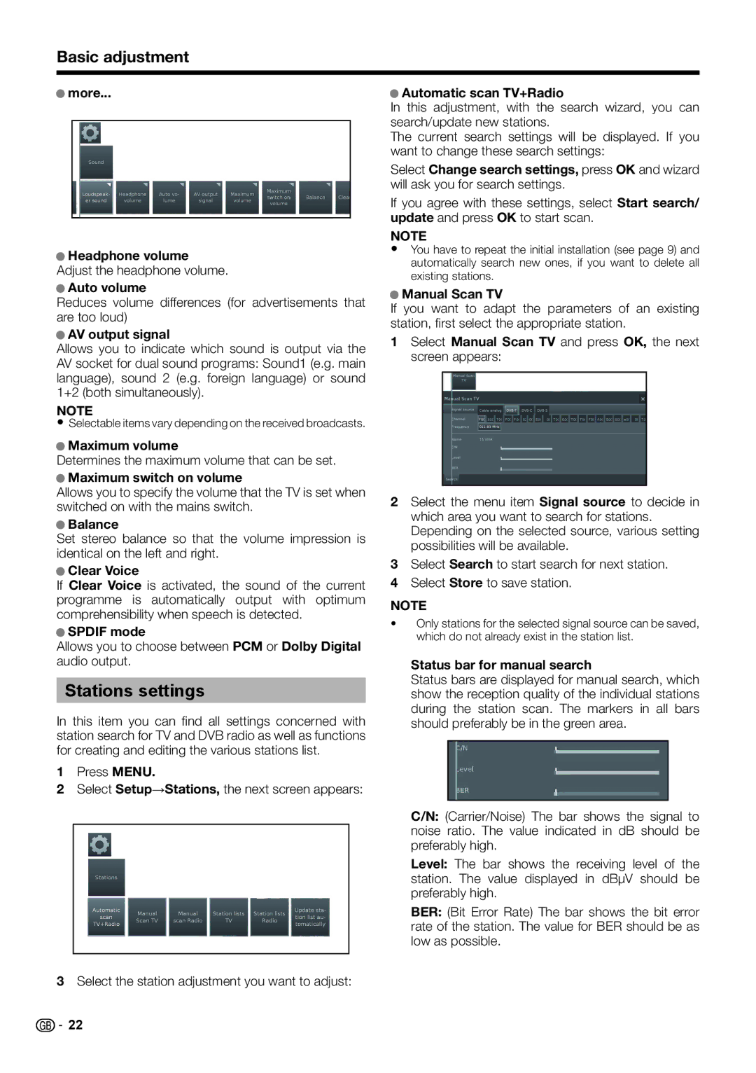 Sharp LC-60LE654E, LC-60LX652E, LC-60LE651E/K, LC-60LU651E, LC-60LE652E, LC-50LX652E Stations settings, Basic adjustment 