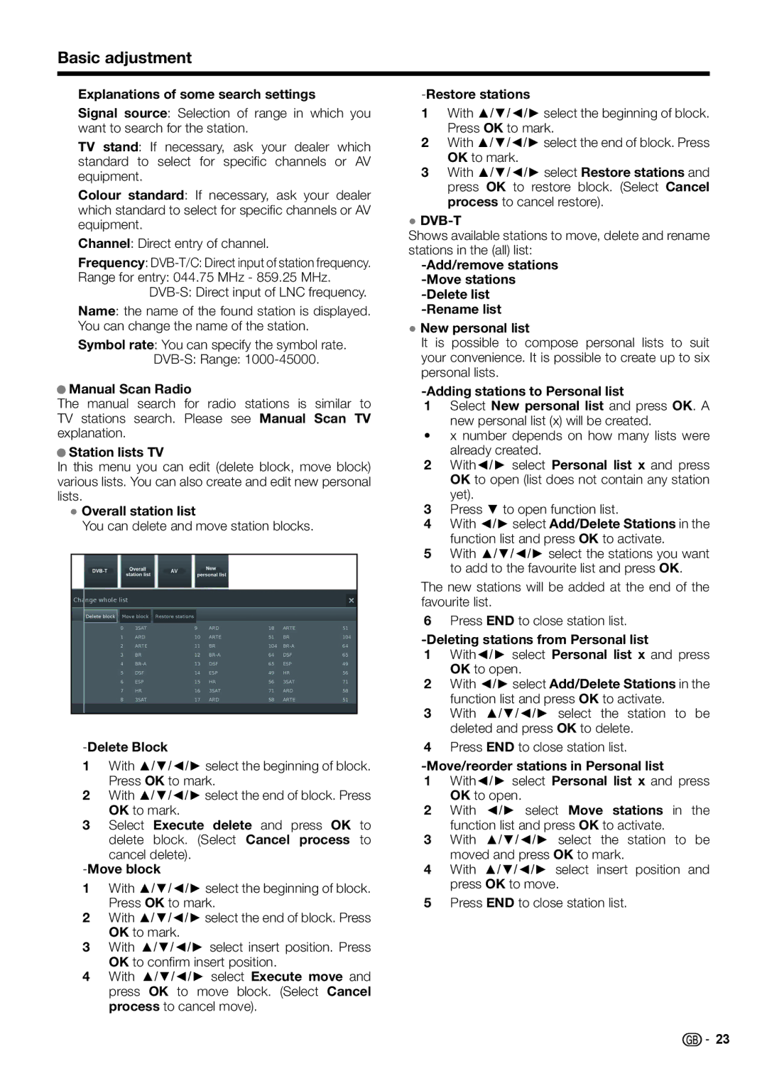 Sharp LC-60LE651E/K Explanations of some search settings, Manual Scan Radio, Station lists TV, Overall station list 