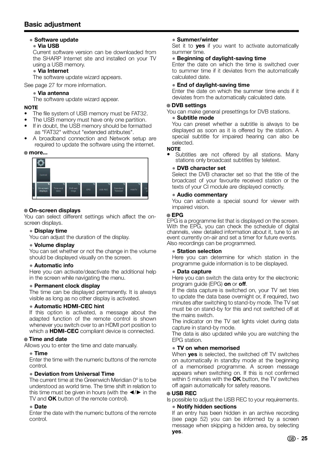 Sharp LC-60LE652E Software update Via USB, Via Internet, Via antenna, More On-screen displays, Display time, Time, Date 