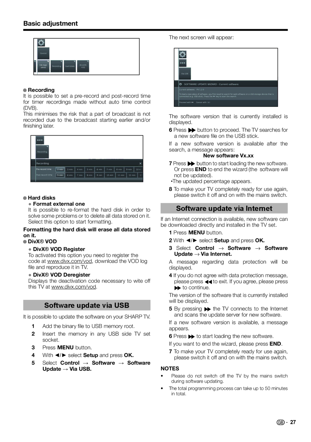 Sharp LC-50LK652E, LC-60LX652E, LC-60LE654E, LC-60LE651E/K, LC-60LU651E Software update via USB, Software update via Internet 