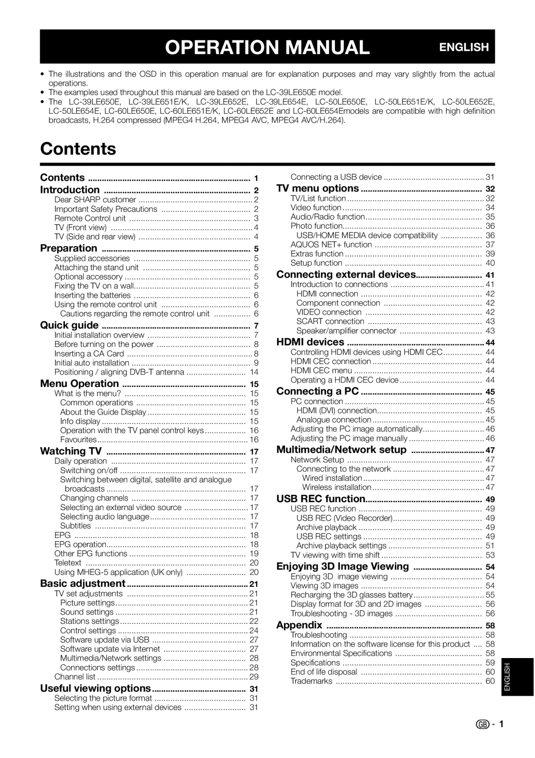 Sharp LC-60LU651E, LC-60LX652E, LC-60LE654E, LC-60LE651E/K, LC-60LE652E, LC-50LX652E, LC-50LK652E, LC-50LM652E Contents 