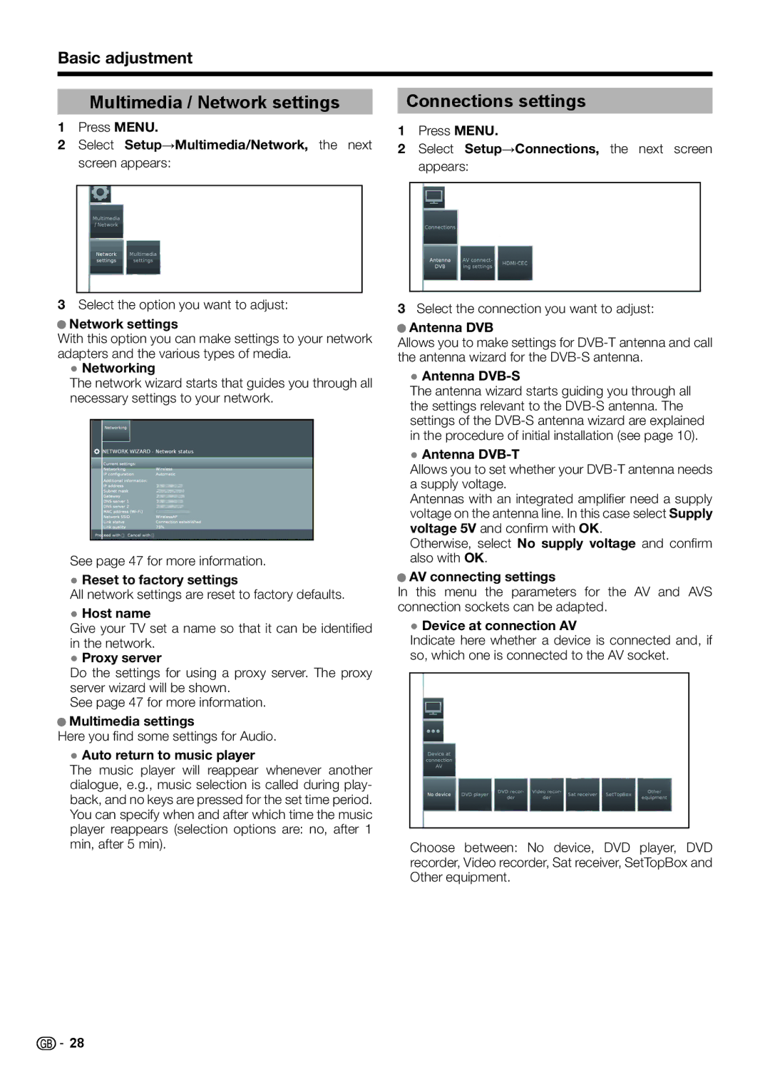 Sharp LC-50LM652E, LC-60LX652E, LC-60LE654E, LC-60LE651E/K, LC-60LU651E Multimedia / Network settings, Connections settings 