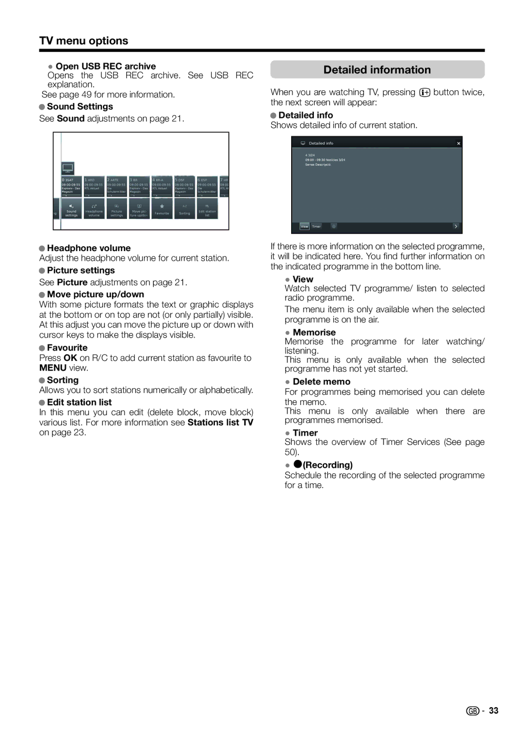 Sharp LC-50LE651E/K/V, LC-60LX652E, LC-60LE654E, LC-60LE651E/K, LC-60LU651E, LC-60LE652E TV menu options, Detailed information 