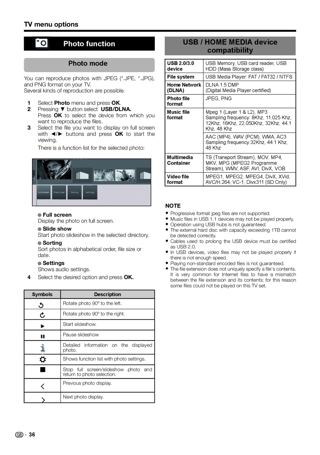 Sharp LC-39LE651E/K/V Photo function, USB / Home Media device Compatibility, Photo mode, Full screen, Slide show 