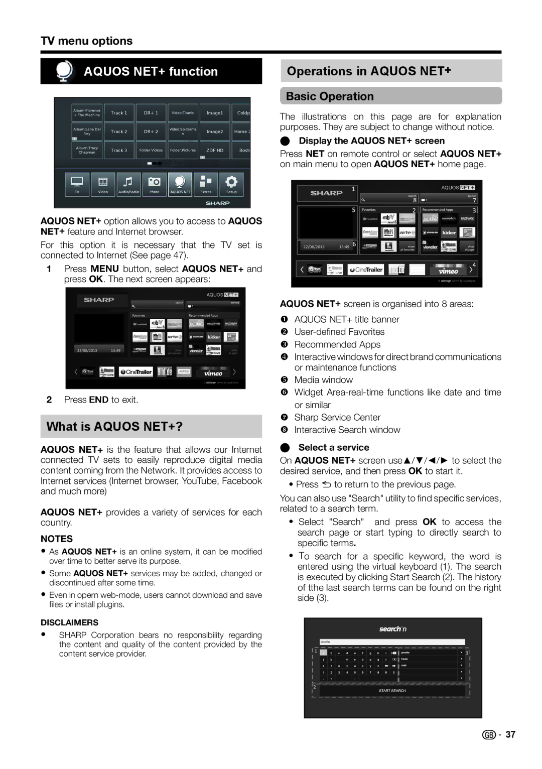 Sharp LC-39LE654E/V, LC-60LX652E Aquos NET+ function, What is Aquos NET+?, Operations in Aquos NET+, Basic Operation 