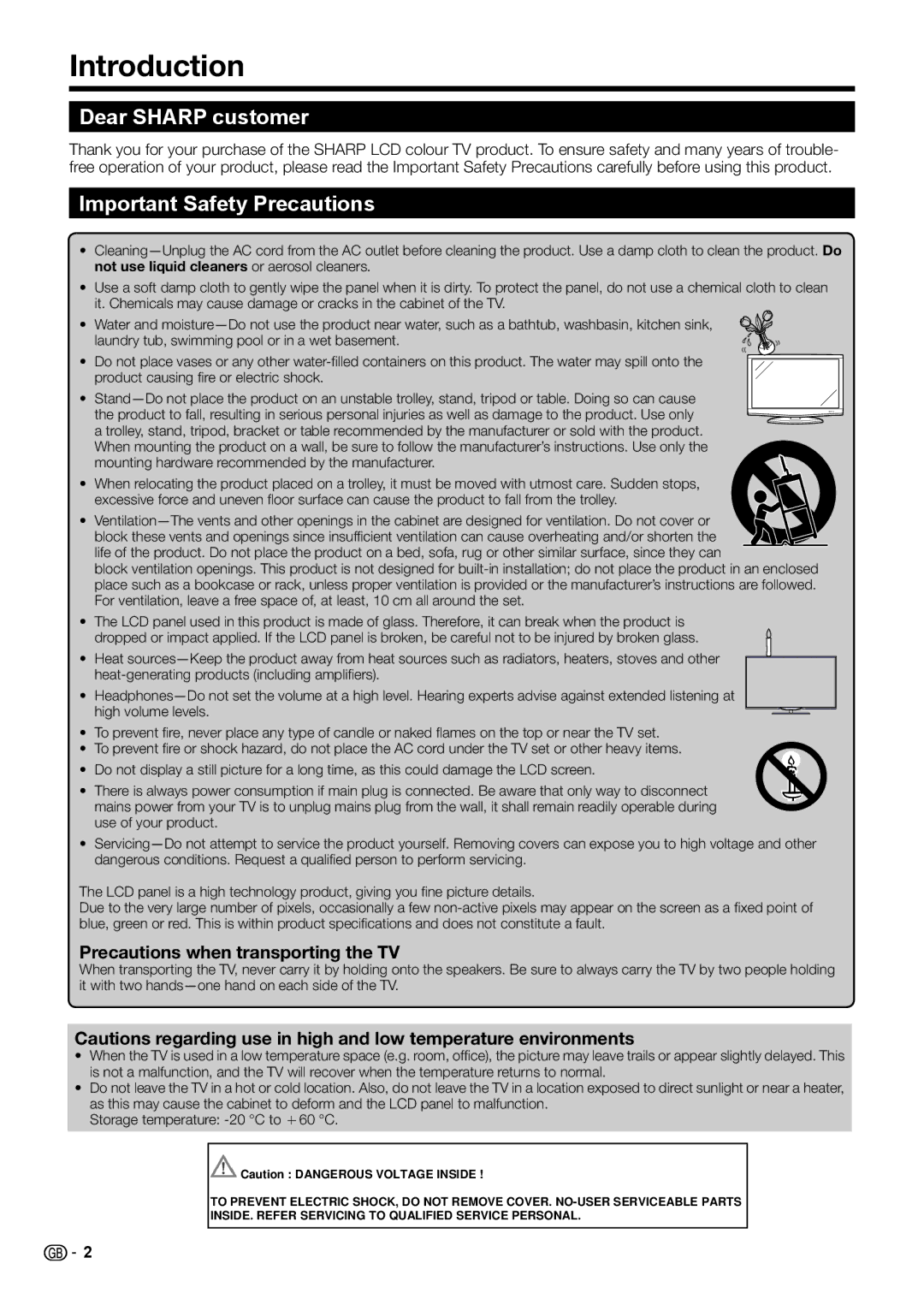 Sharp LC-60LE652E Introduction, Dear Sharp customer, Important Safety Precautions, Precautions when transporting the TV 