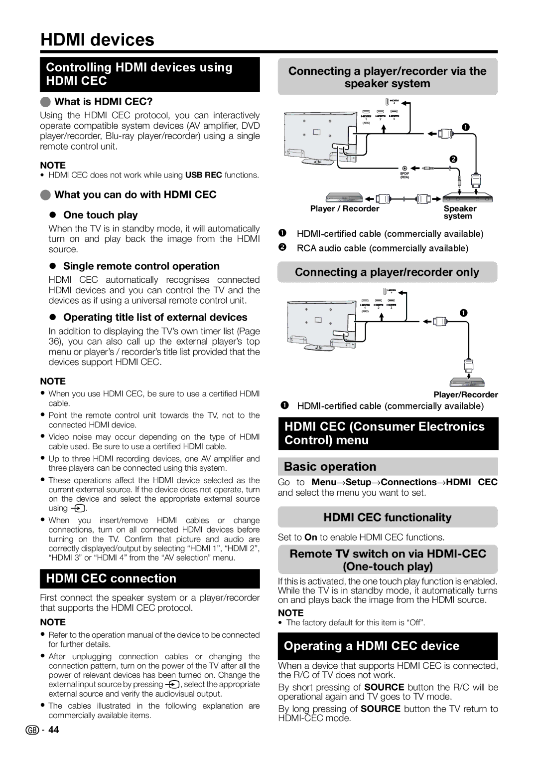 Sharp LC-60LX652E Controlling Hdmi devices using, Hdmi CEC connection, Hdmi CEC Consumer Electronics Control menu 