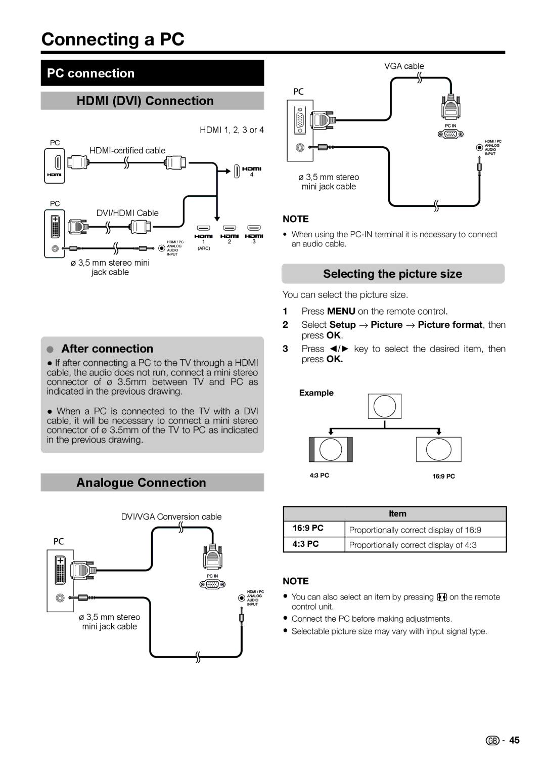 Sharp LC-60LE654E, LC-60LX652E, LC-60LE651E/K Connecting a PC, PC connection, Hdmi DVI Connection, Analogue Connection 