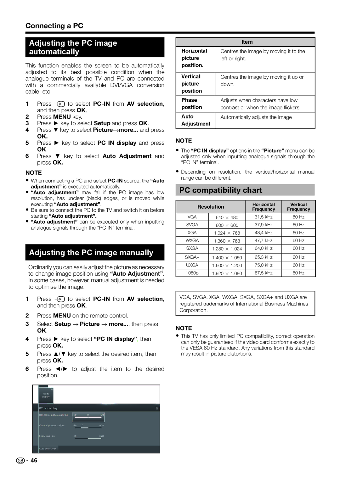 Sharp LC-60LE651E/K 1Adjusting the PC image 1automatically, Adjusting the PC image manually, PC compatibility chart 