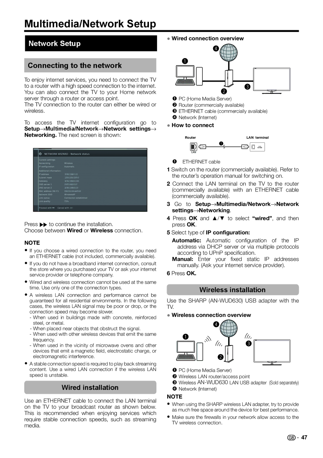 Sharp LC-60LU651E Multimedia/Network Setup, Connecting to the network, Wired installation, Wireless installation 