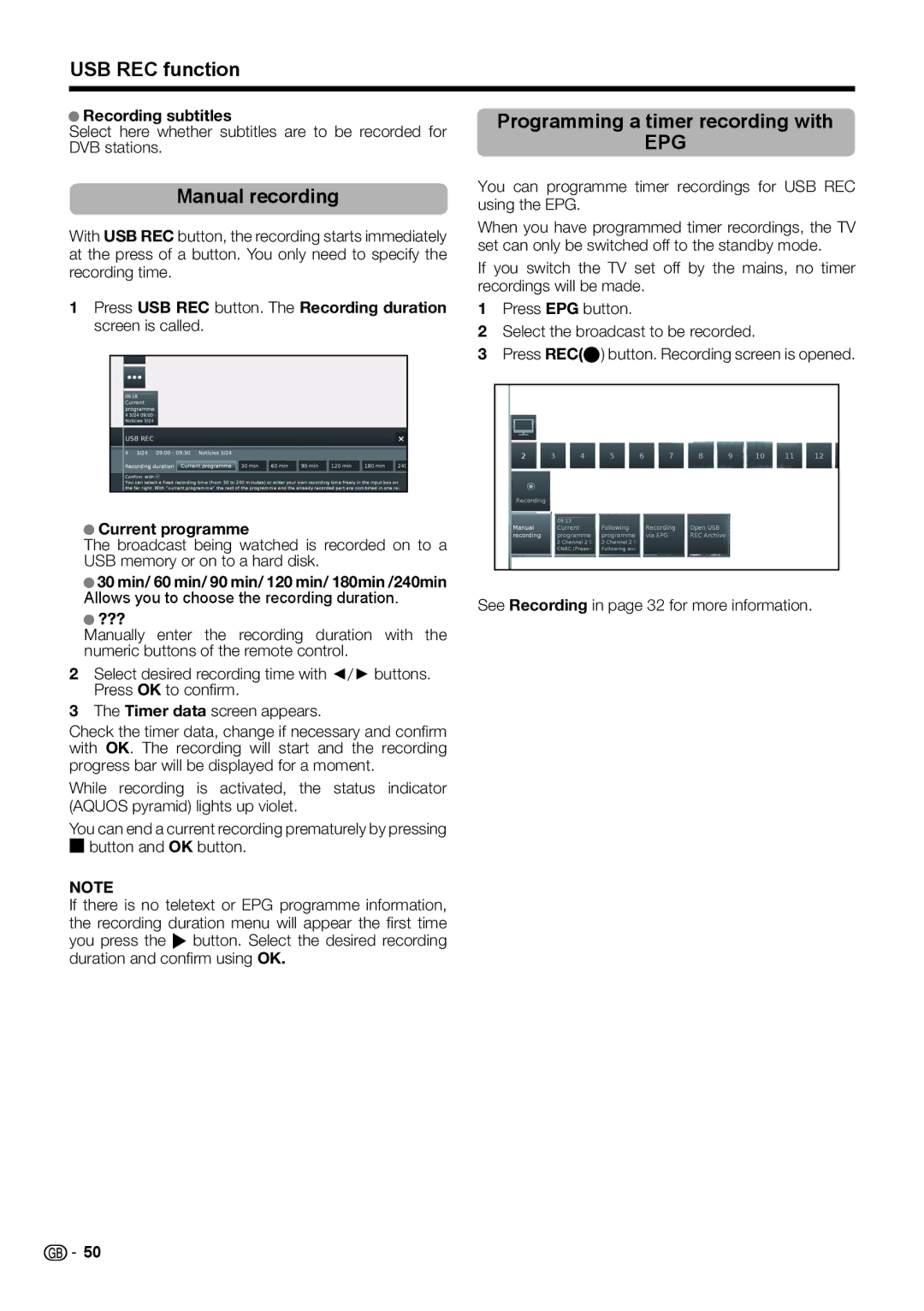 Sharp LC-50LK652E, LC-60LX652E, LC-60LE654E USB REC function, Manual recording, Programming a timer recording with, ??? 