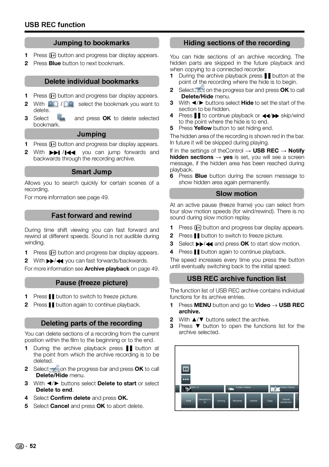 Sharp LC-50LU651E USB REC function Jumping to bookmarks, Delete individual bookmarks, Smart Jump, Fast forward and rewind 
