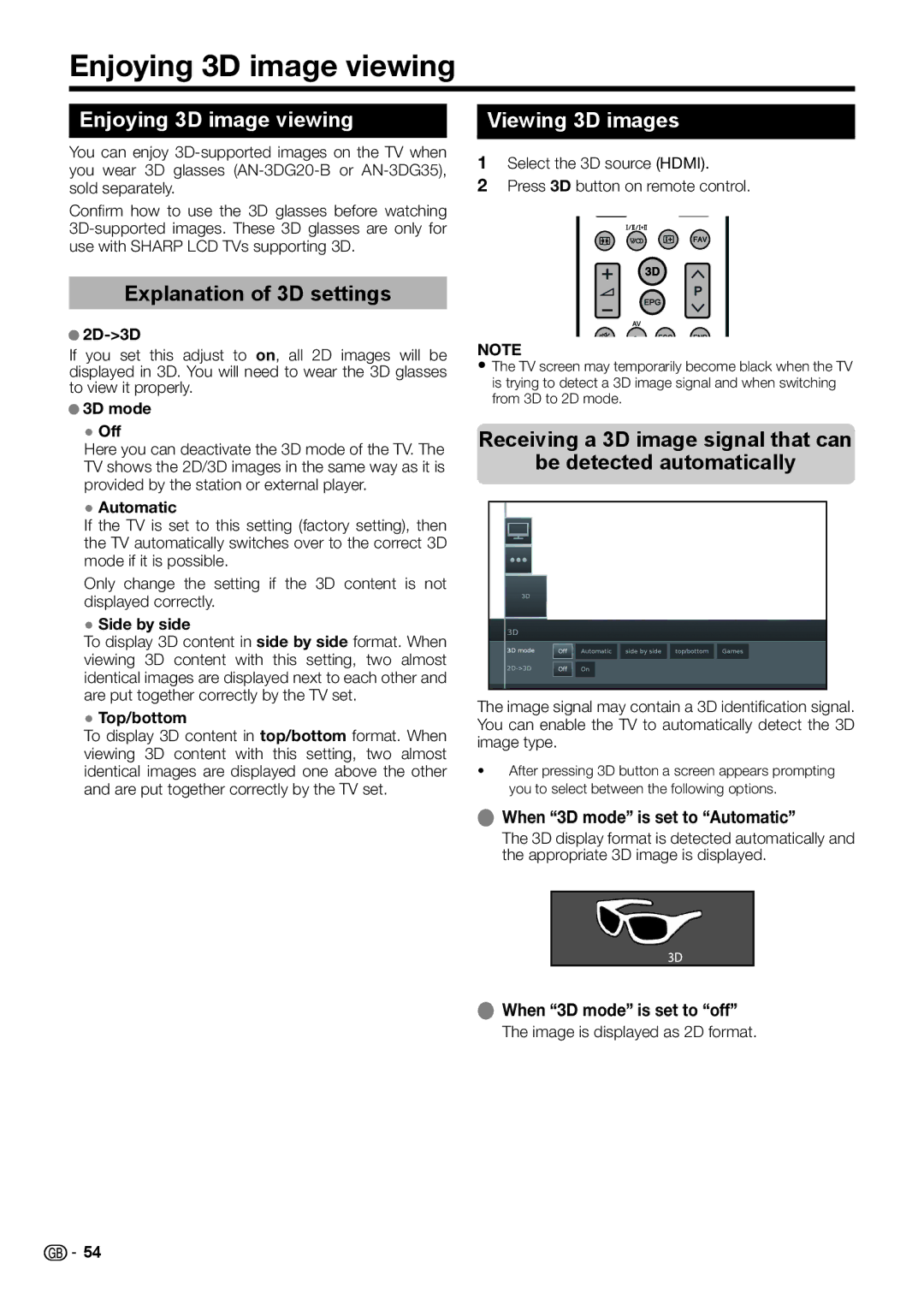 Sharp LC-50LE652E/V, LC-60LX652E, LC-60LE654E Enjoying 3D image viewing, Explanation of 3D settings, Viewing 3D images 