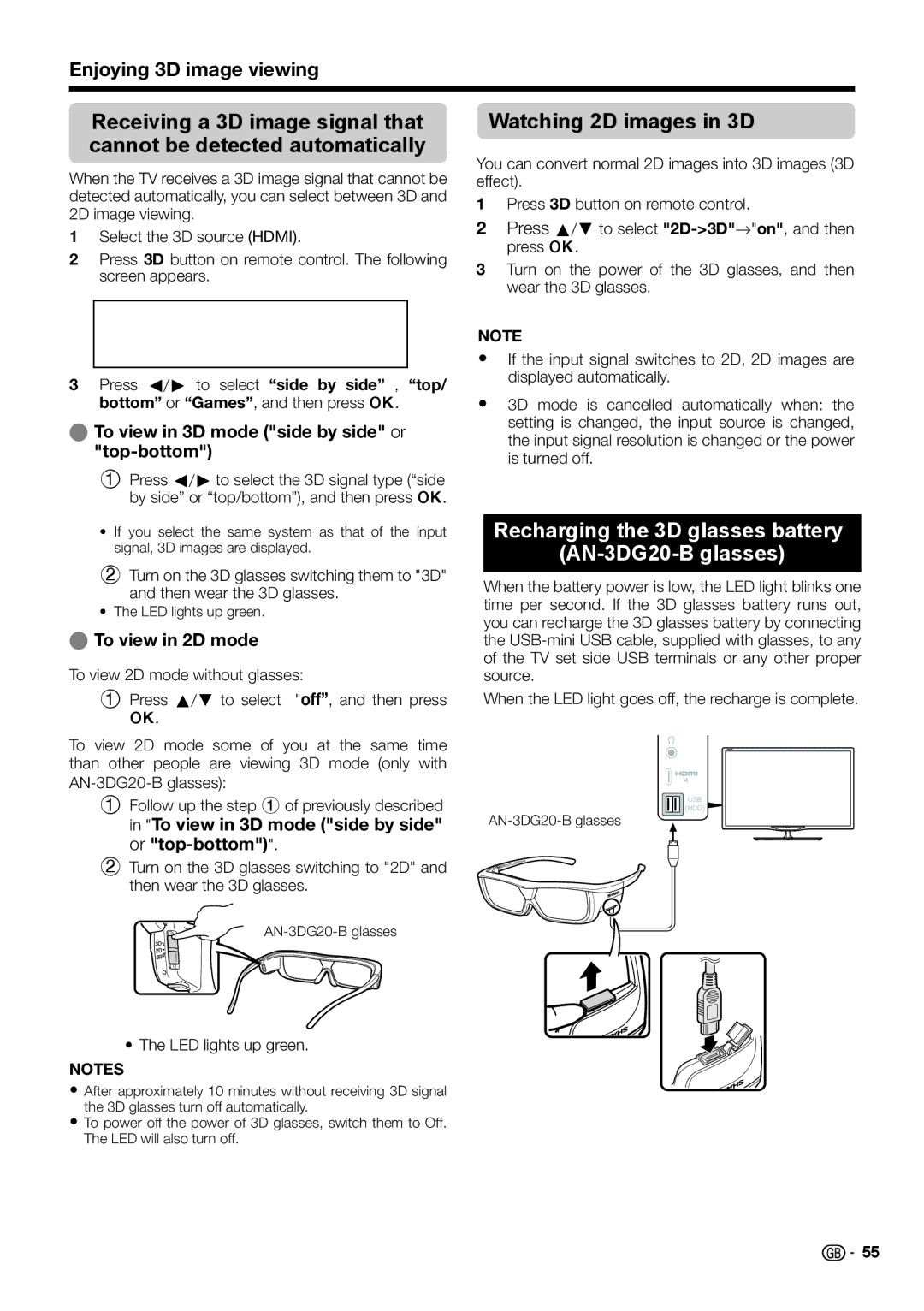 Sharp LC-50LE650E/V Watching 2D images in 3D, Recharging the 3D glasses battery AN-3DG20-B glasses, To view in 2D mode 