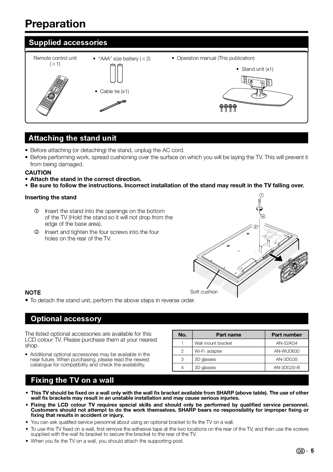 Sharp LC-50LM652E Preparation, Supplied accessories, Attaching the stand unit, Optional accessory, Fixing the TV on a wall 