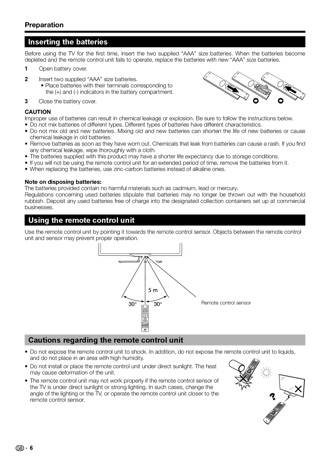 Sharp LC-50LU651E, LC-60LX652E, LC-60LE654E, LC-60LU651E Inserting the batteries, Using the remote control unit, Preparation 