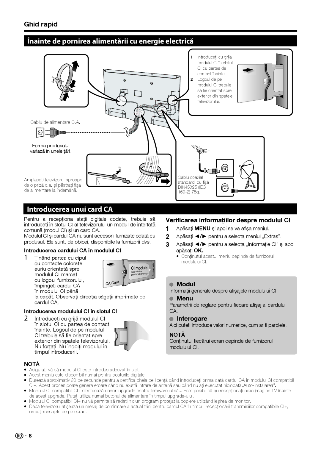 Sharp LC-50LE652E-V Înainte de pornirea alimentării cu energie electrică, Introducerea unui card CA, Ghid rapid 