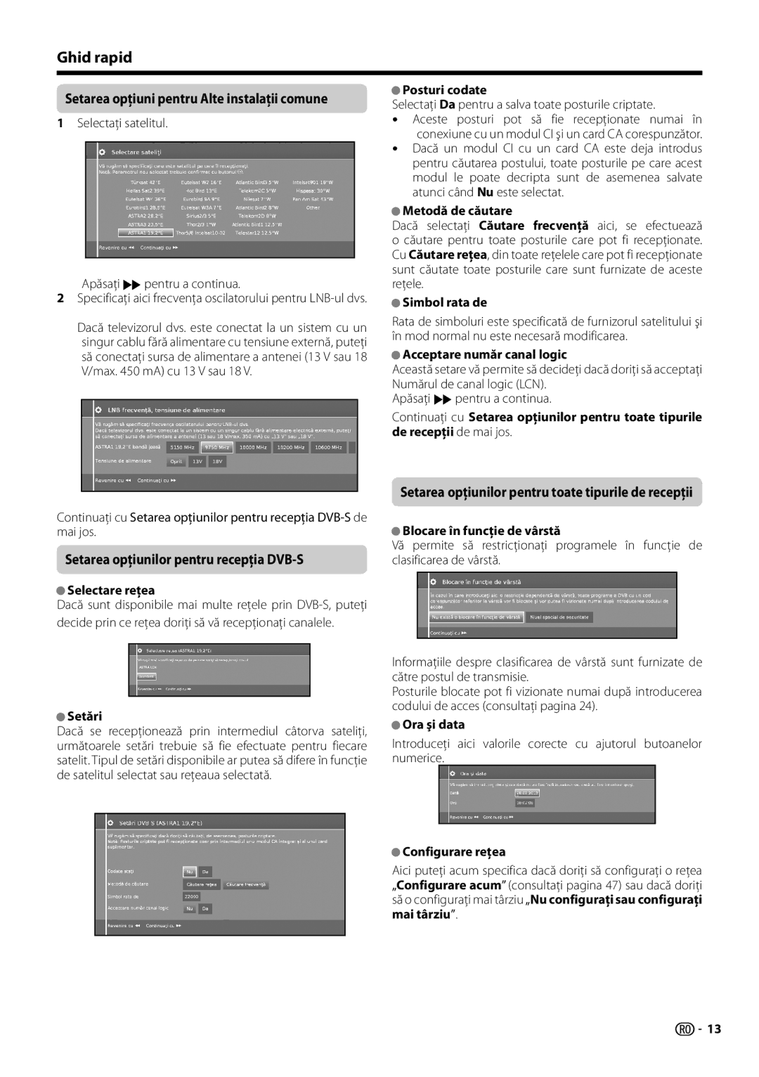 Sharp LC-60LM652E Setarea opţiuni pentru Alte instalaţii comune, Posturi codate, Simbol rata de, Setări, Ora şi data 