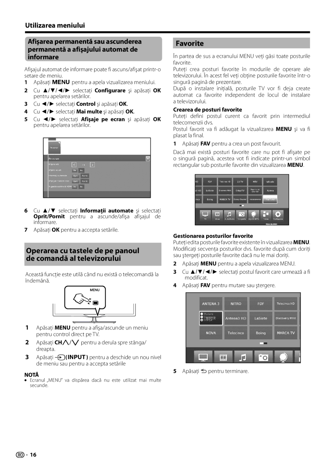 Sharp LC-60LE654E Favorite, Crearea de posturi favorite, Gestionarea posturilor favorite, Apăsaţi 6pentru terminare 