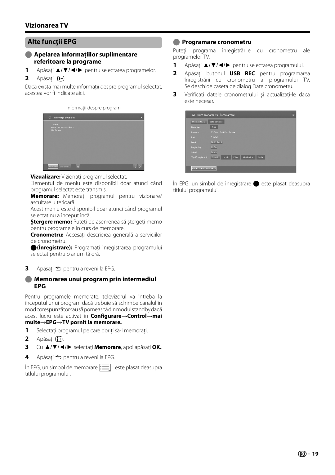 Sharp LC-60LE651E-K Vizionarea TV Alte funcţii EPG, Programare cronometru, Memorarea unui program prin intermediul 