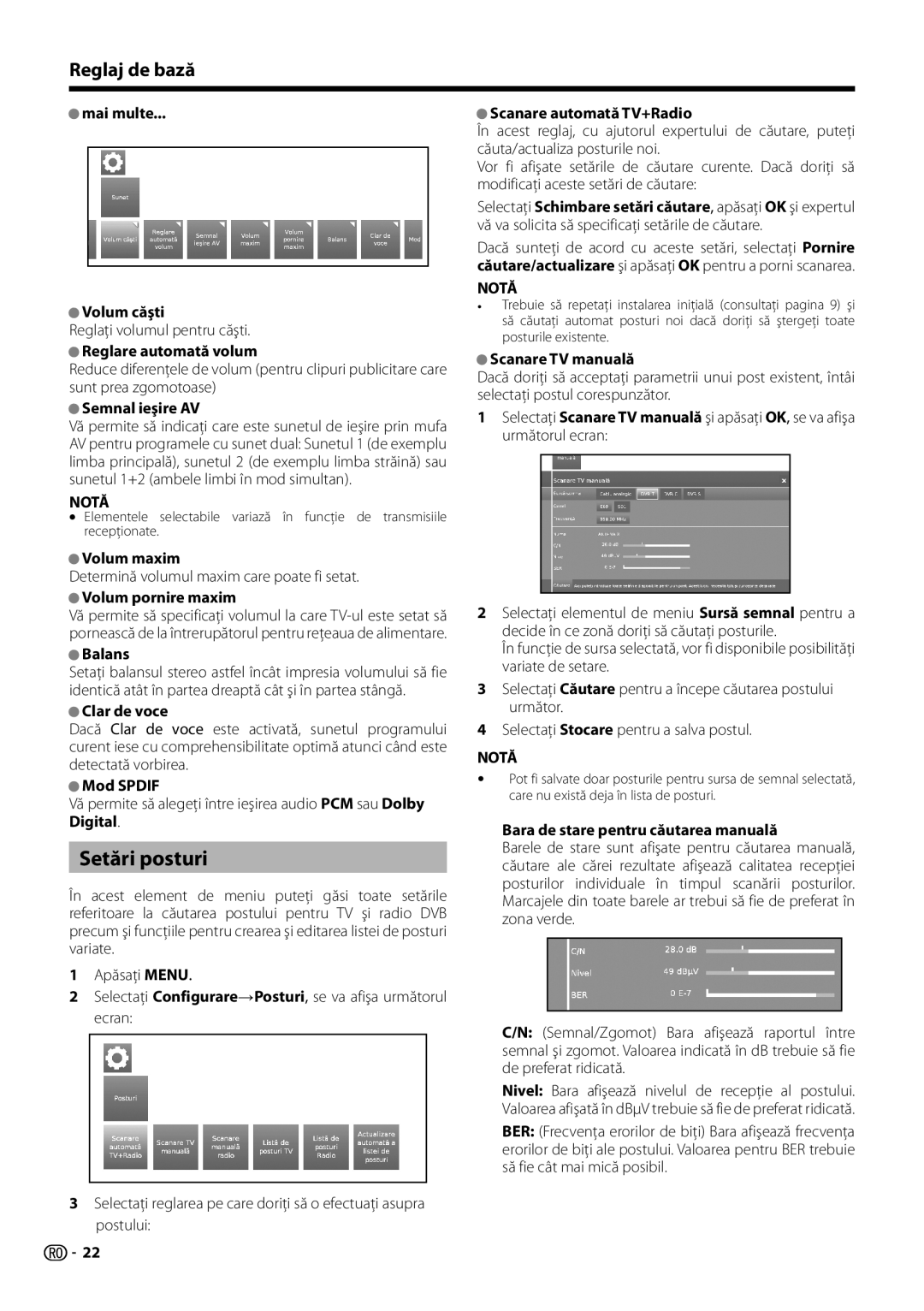 Sharp LC-50LM652E, LC-60LX652E, LC-60LE654E, LC-60LU651E, LC-60LE652E, LC-60LE651E-K Setări posturi, Reglaj de bază 