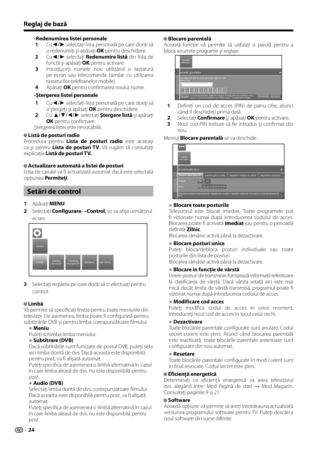 Sharp LC-50LE650E-V, LC-60LX652E, LC-60LE654E, LC-60LU651E, LC-60LE652E, LC-60LE651E-K, LC-50LX652E Setări de control 