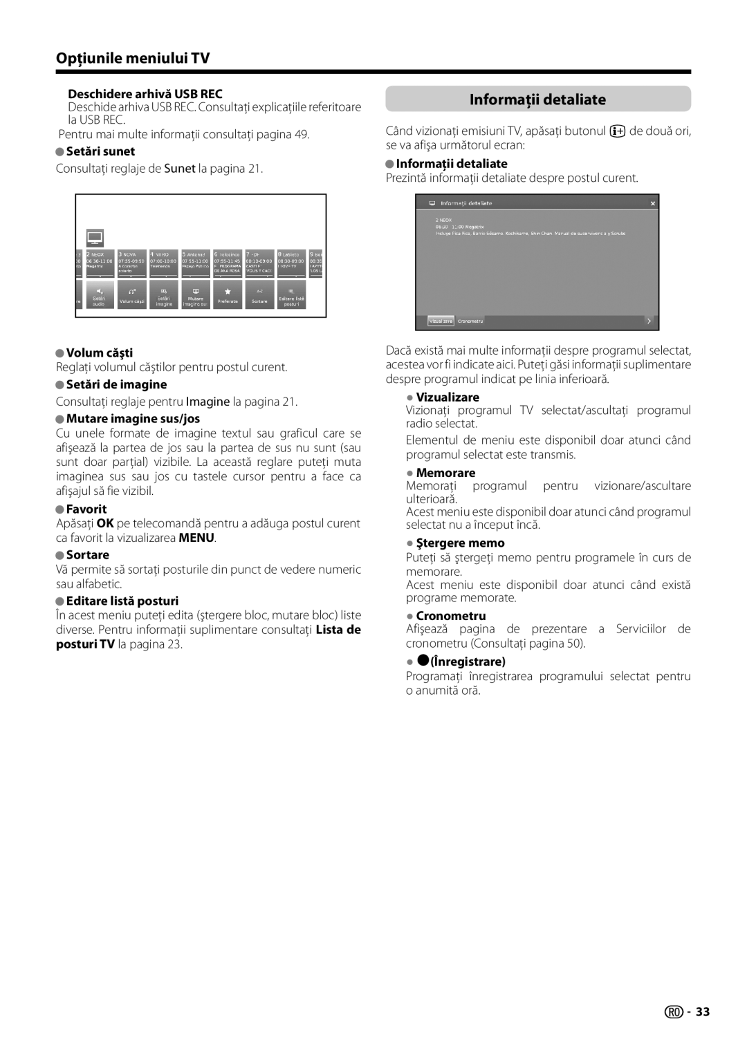 Sharp LC-60LE654E, LC-60LX652E, LC-60LU651E, LC-60LE652E, LC-60LE651E-K Opţiunile meniului TV, Informaţii detaliate 