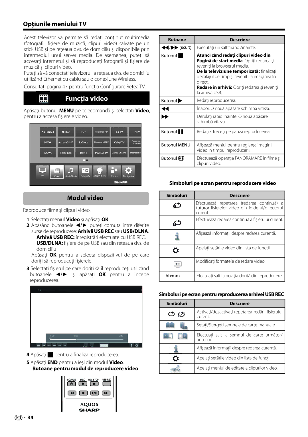 Sharp LC-60LU651E, LC-60LX652E, LC-60LE654E Funcţia video, Modul video, Simboluri pe ecran pentru reproducere video 