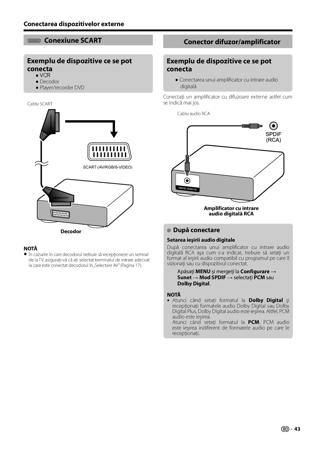 Sharp LC-50LE654E-V, LC-60LX652E Conexiune Scart Exemplu de dispozitive ce se pot conecta, După conectare, Decodor 