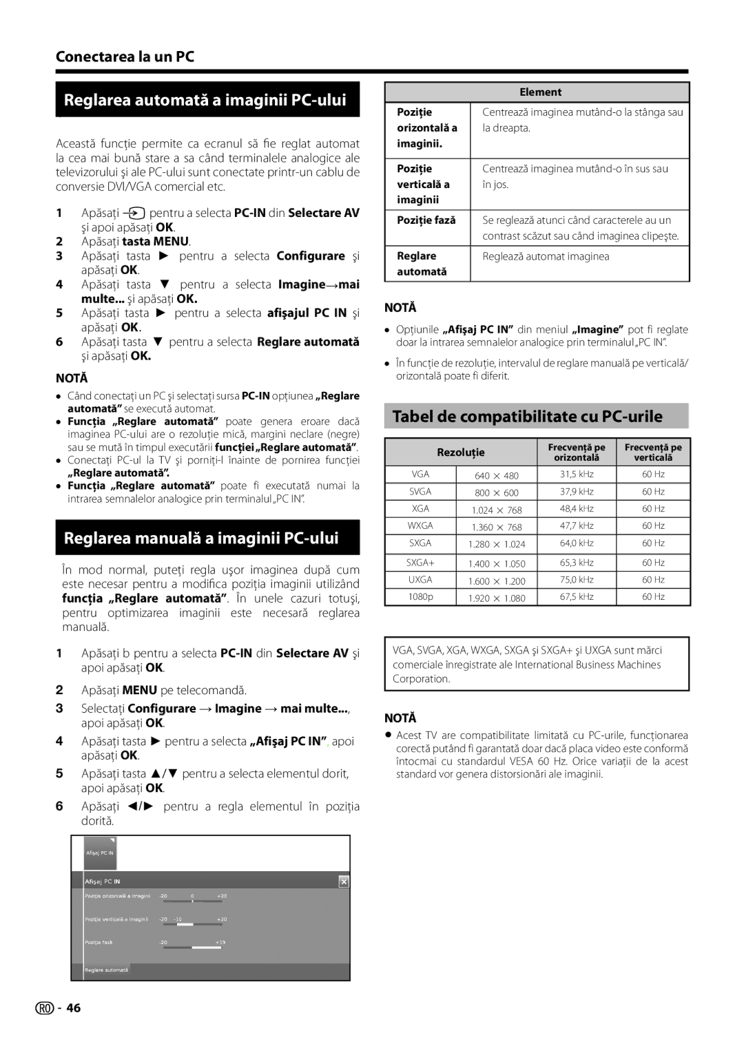 Sharp LC-39LE652E 1Reglarea automată a imaginii PC-ului, Reglarea manuală a imaginii PC-ului, Conectarea la un PC 