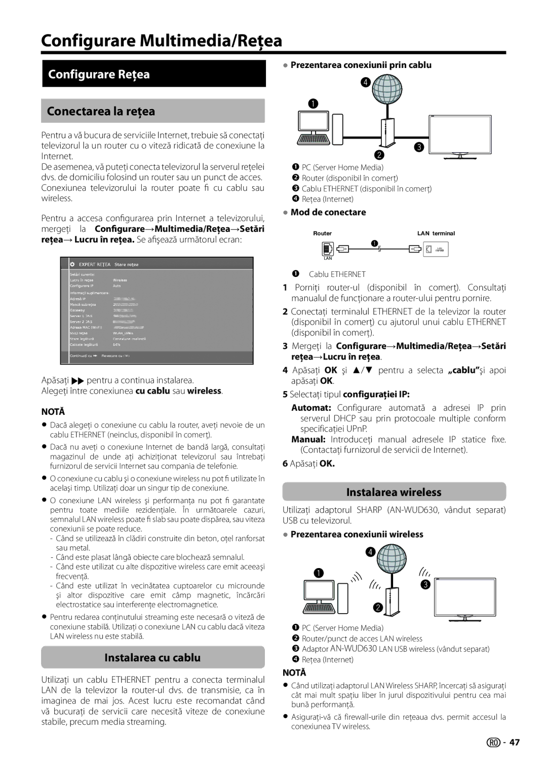 Sharp LC-60LM652E, LC-60LX652E Configurare Multimedia/Reţea, Configurare Reţea, Conectarea la reţea, Instalarea cu cablu 