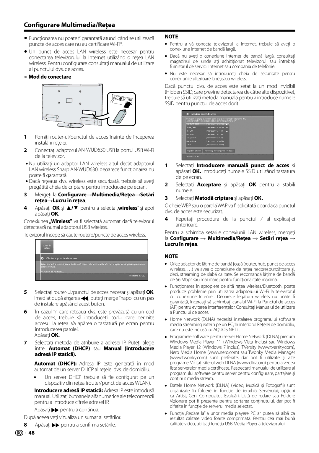 Sharp LC-60LK652E, LC-60LX652E, LC-60LE654E, LC-60LU651E, LC-60LE652E, LC-60LE651E-K, LC-50LX652E Configurare Multimedia/Reţea 