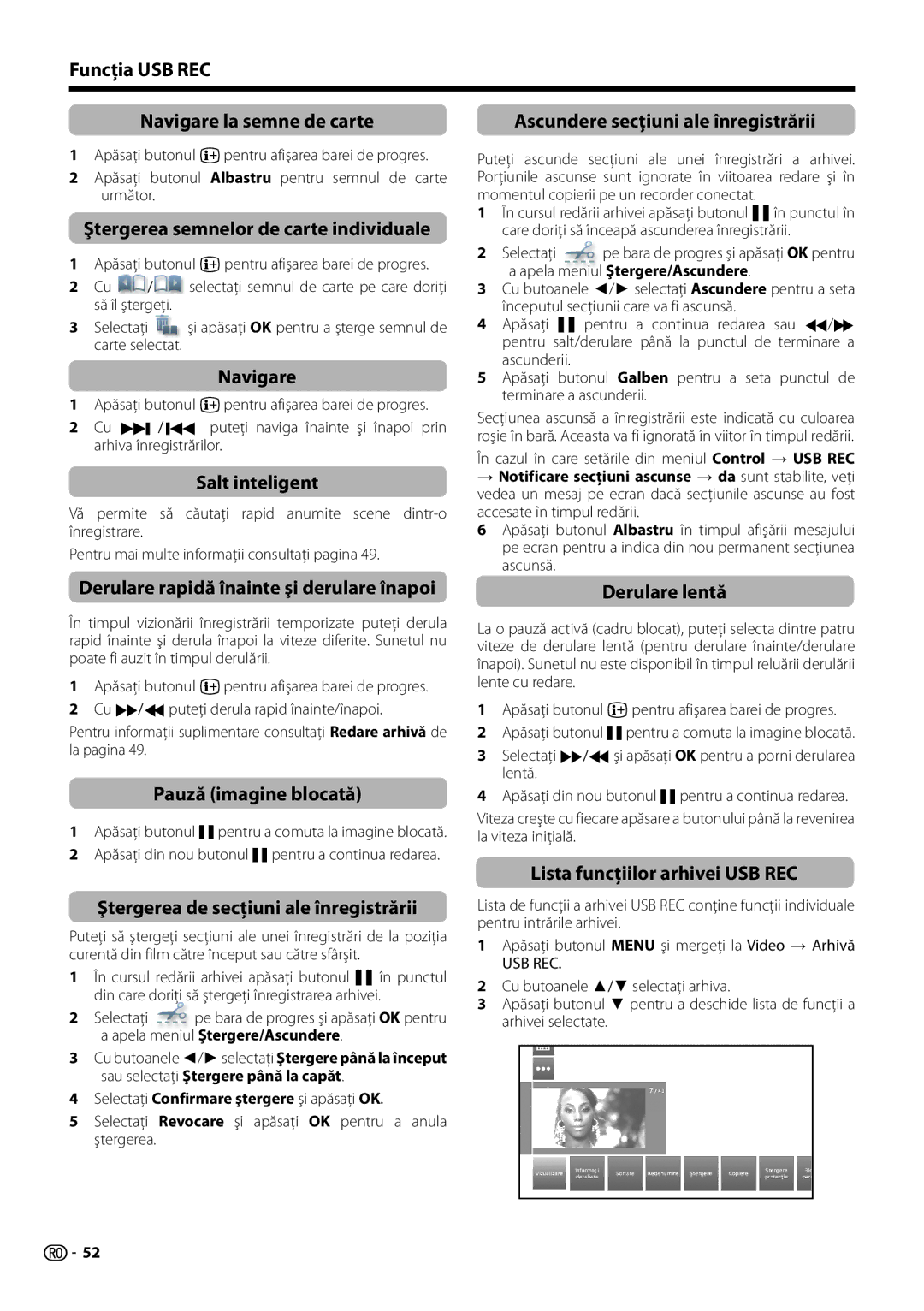 Sharp LC-60LE652E Funcţia USB REC Navigare la semne de carte, Ştergerea semnelor de carte individuale, Salt inteligent 