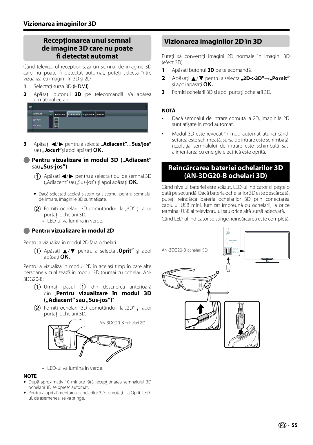 Sharp LC-50LK652E, LC-60LX652E Vizionarea imaginilor 2D în 3D, Reîncărcarea bateriei ochelarilor 3D AN-3DG20-B ochelari 3D 