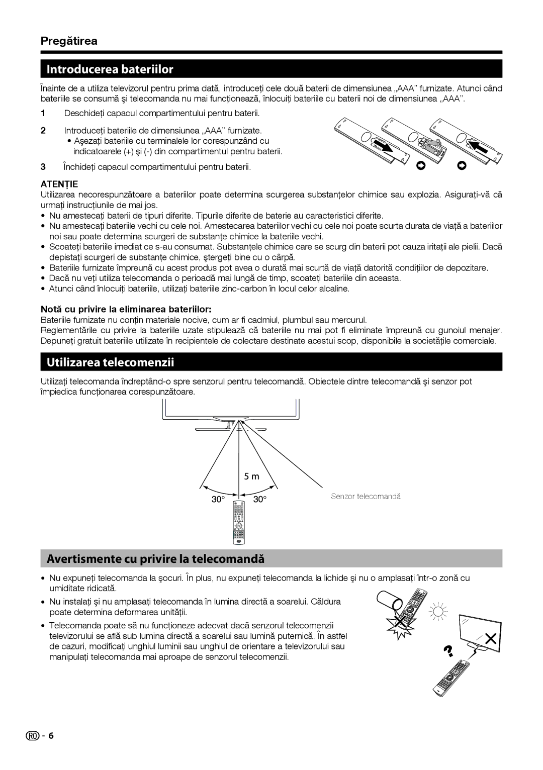 Sharp LC-50LU651E Introducerea bateriilor, Utilizarea telecomenzii, Avertismente cu privire la telecomandă, Pregătirea 