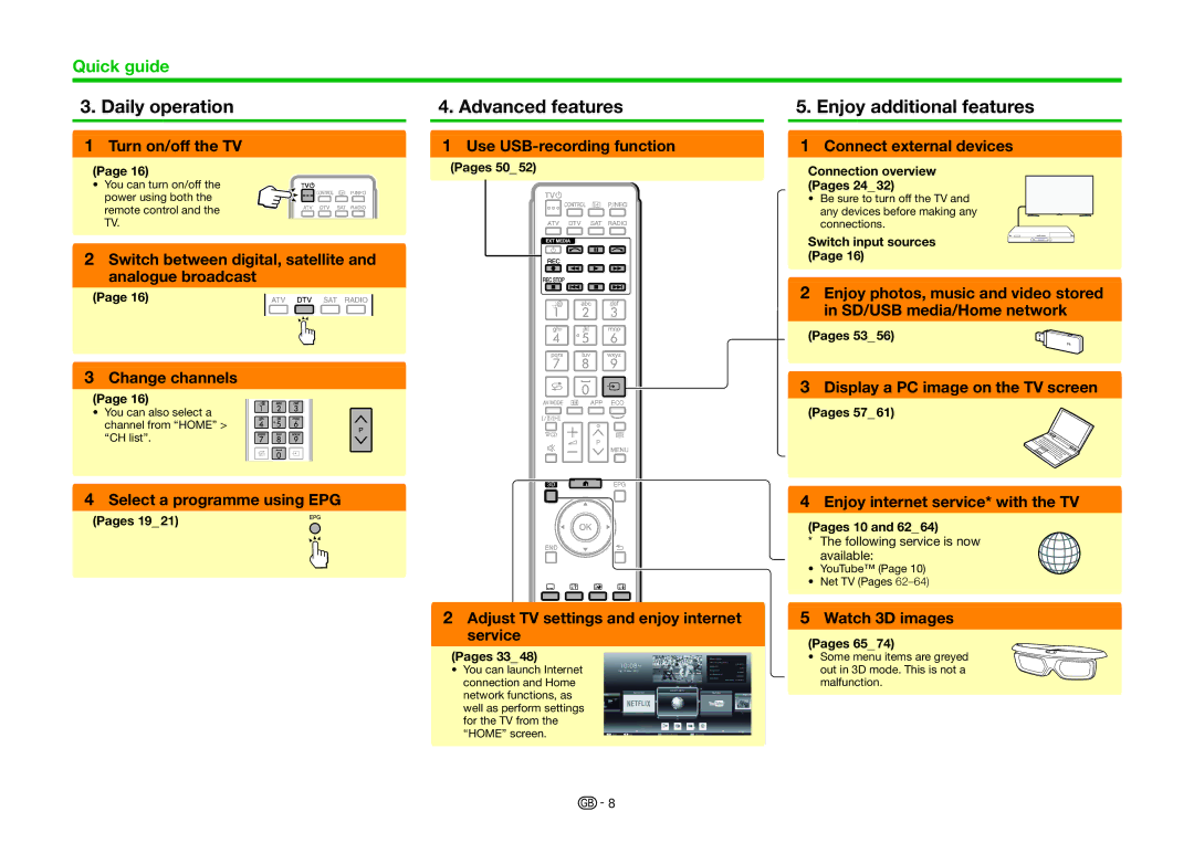 Sharp LC-60UHD80R, LC-70UHD80R operation manual Daily operation, Advanced features, Enjoy additional features 