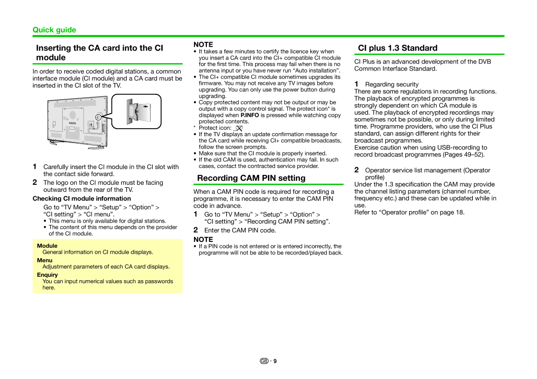 Sharp LC-70UHD80R, LC-60UHD80R Inserting the CA card into the CI module, Recording CAM PIN setting, CI plus 1.3 Standard 