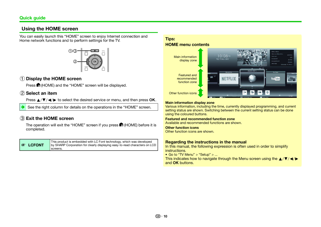 Sharp LC-60UHD80R, LC-70UHD80R Using the Home screen, 1Display the Home screen, 2Select an item, 3Exit the Home screen 