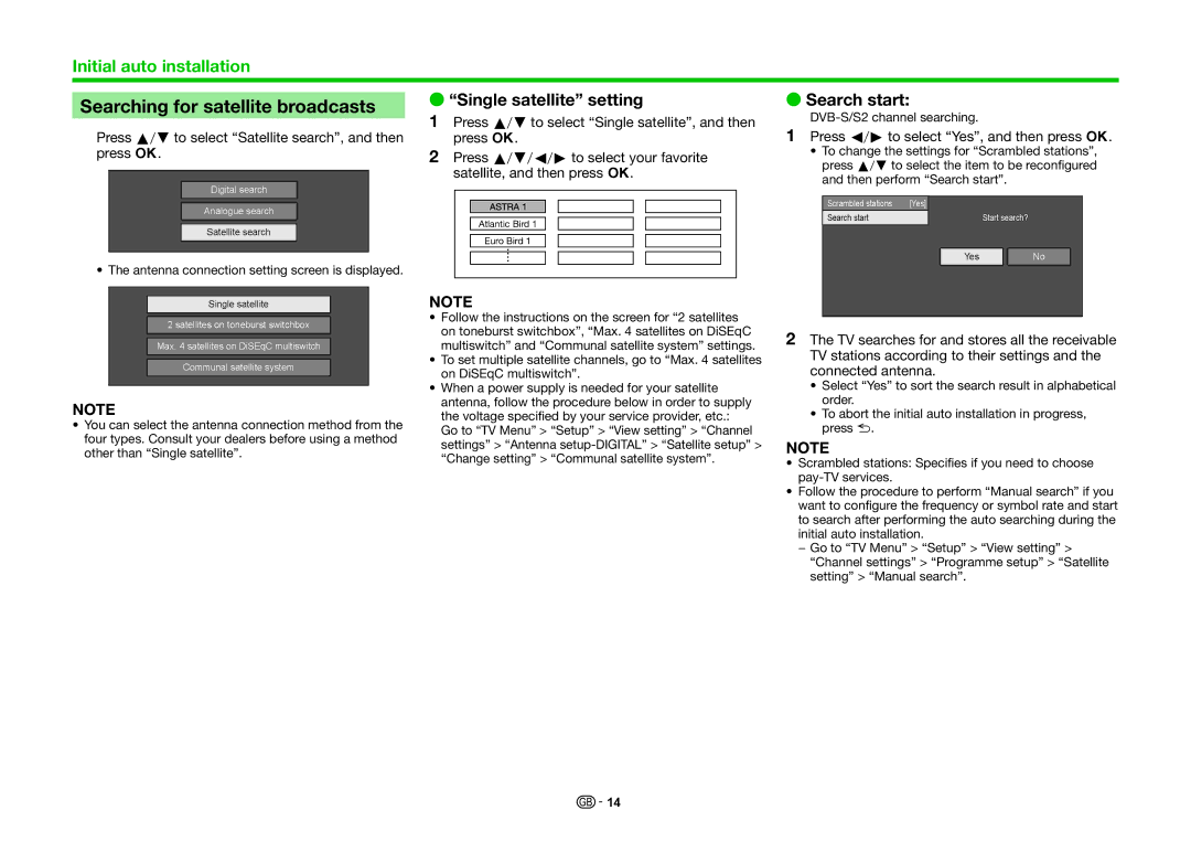 Sharp LC-60UHD80R, LC-70UHD80R operation manual Searching for satellite broadcasts, Single satellite setting Search start 