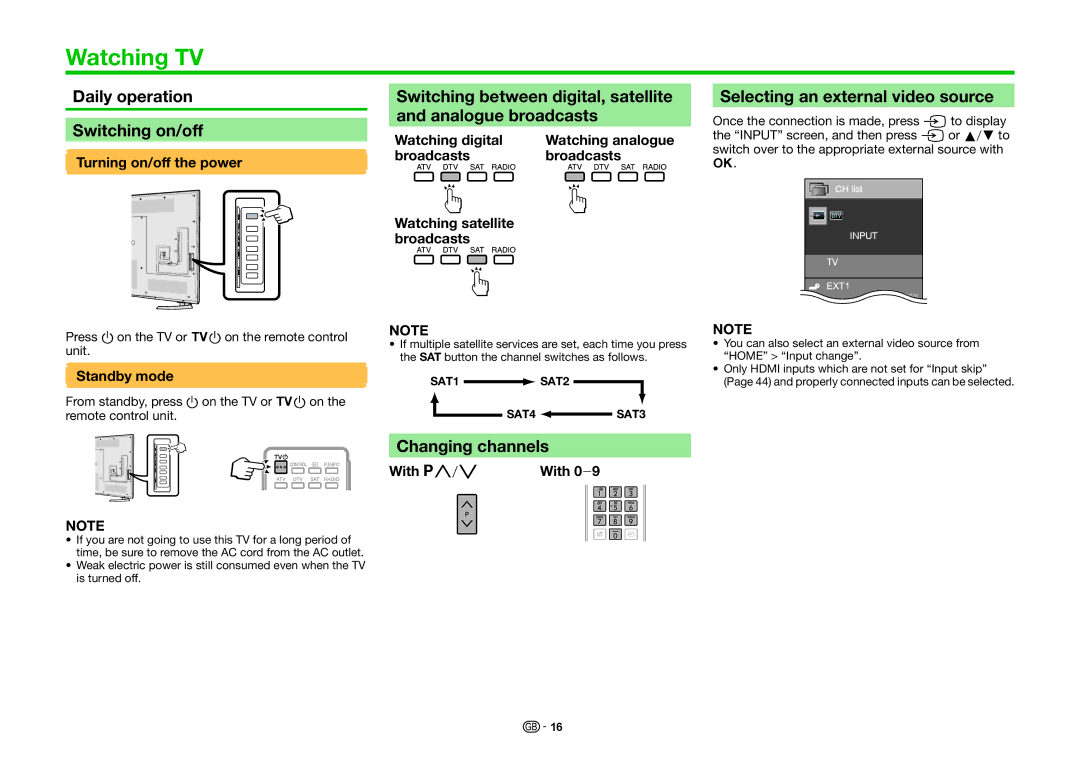 Sharp LC-60UHD80R, LC-70UHD80R Watching TV, Selecting an external video source, Changing channels, Standby mode, With r/s 