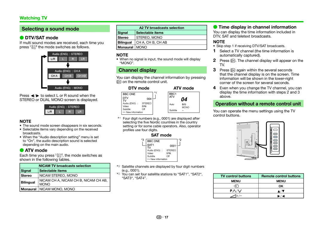 Sharp LC-70UHD80R, LC-60UHD80R operation manual Selecting a sound mode, Channel display 